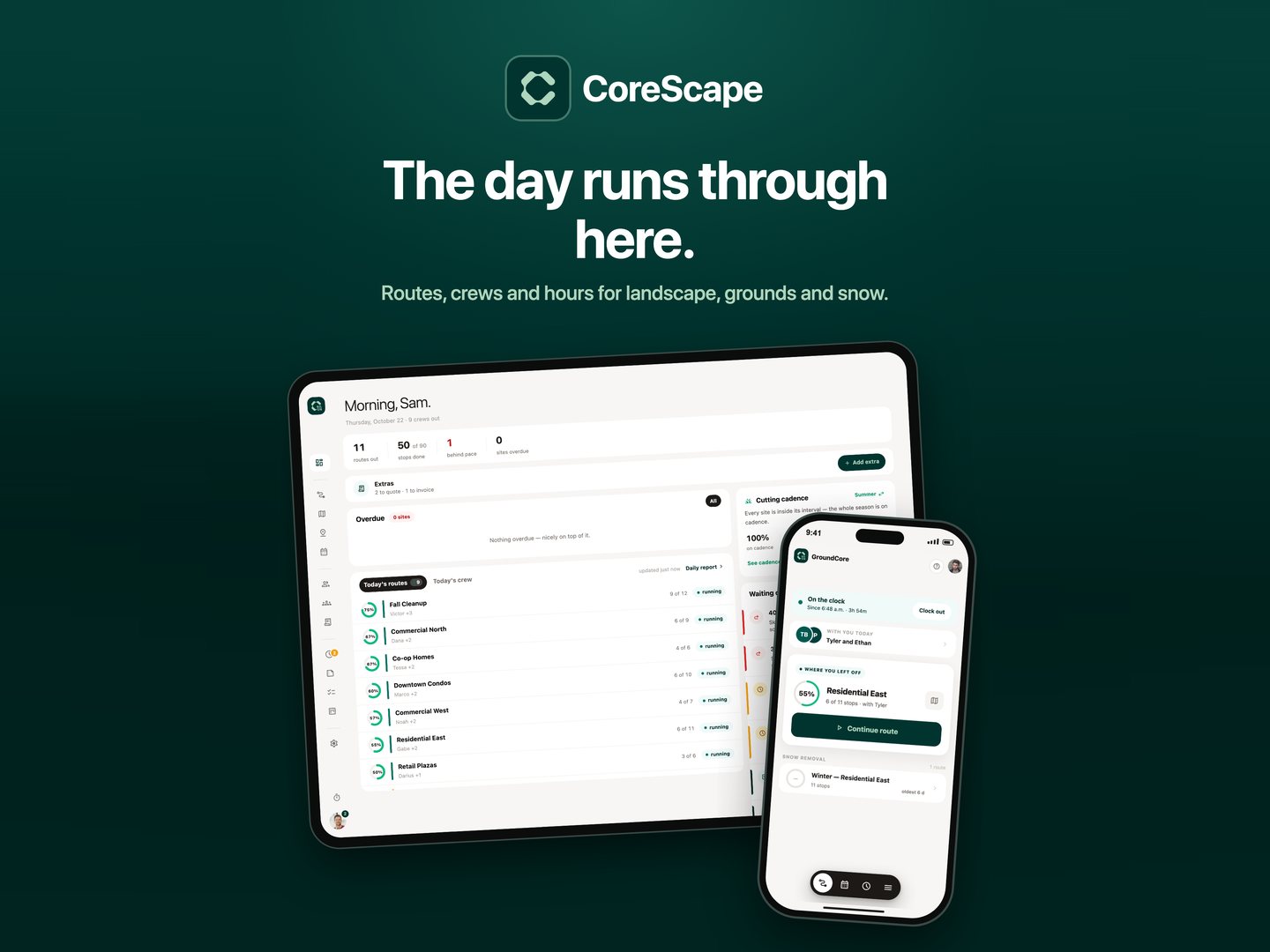 CoreScape, operations software for landscape, grounds and tree crews: routes, estimates, crews and hours in three connected apps. Designed, built and branded by SeriesFive.